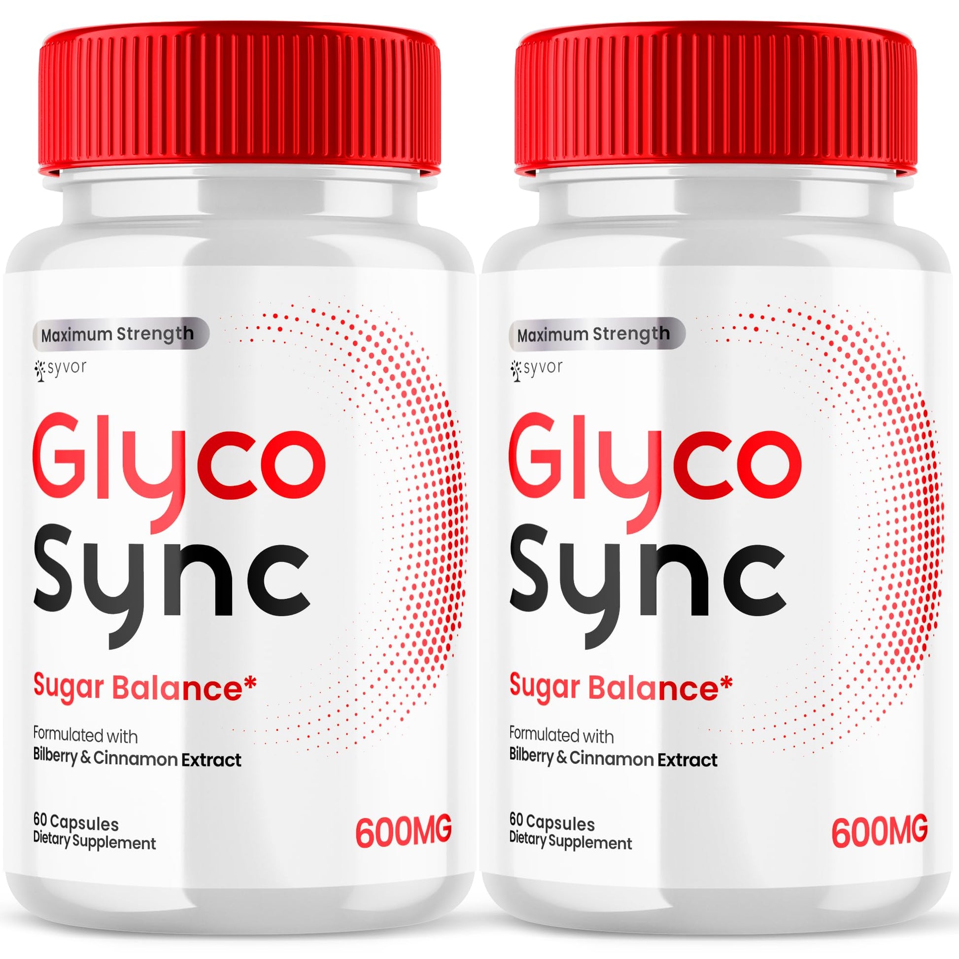 Two bottles of Glyco Sync dietary supplements with red caps on a white background
