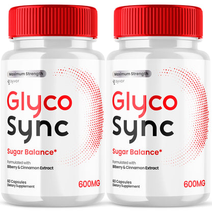 Two bottles of Glyco Sync dietary supplements with red caps on a white background