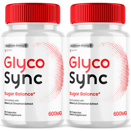 Two bottles of Glyco Sync dietary supplements with red caps on a white background