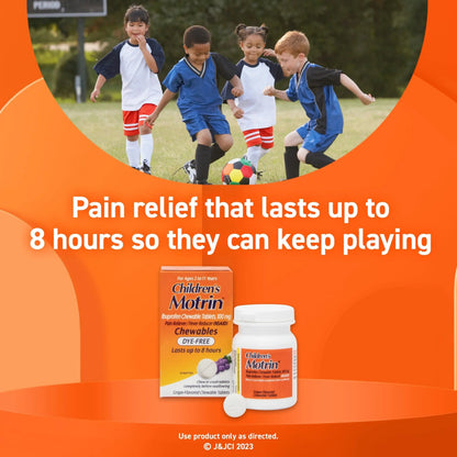 Motrin Children's Dye-Free Chewable Tablets with Ibuprofen, Kids' Fever Reducer & Pain Reliever for Sore Throat, Fever, Toothache & Pain Relief, Grape Flavor, 24 Ct MotrinBuy Supplements Australia