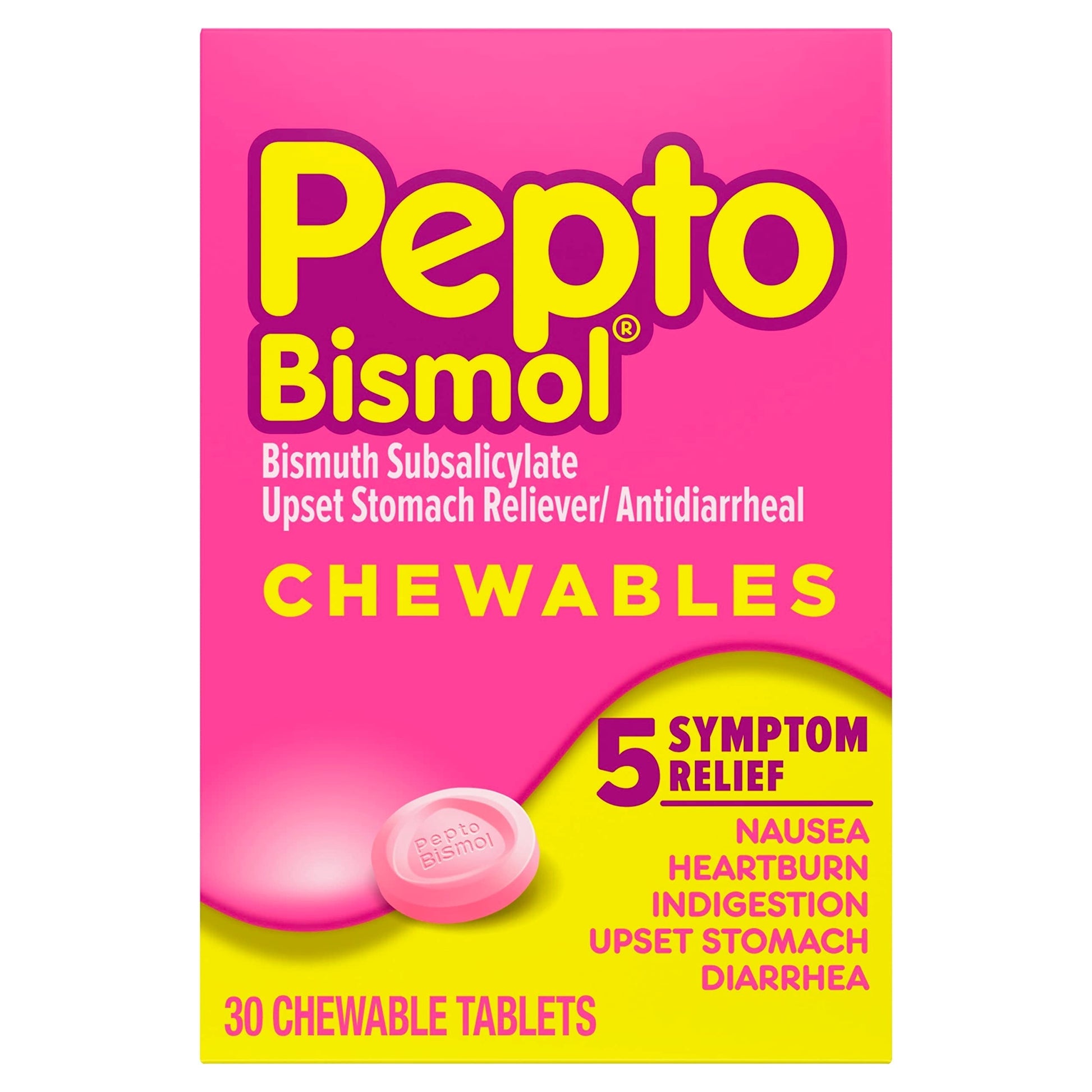 Pepto Bismol Chewable Tablets, Upset Stomach Relief, Nausea Relief, Heartburn Relief, Indigestion Relief, Anti Diarrhea Medication for Adults - 5 Symptom Relief, 30 ct Pepto Bismol buy supplements Au