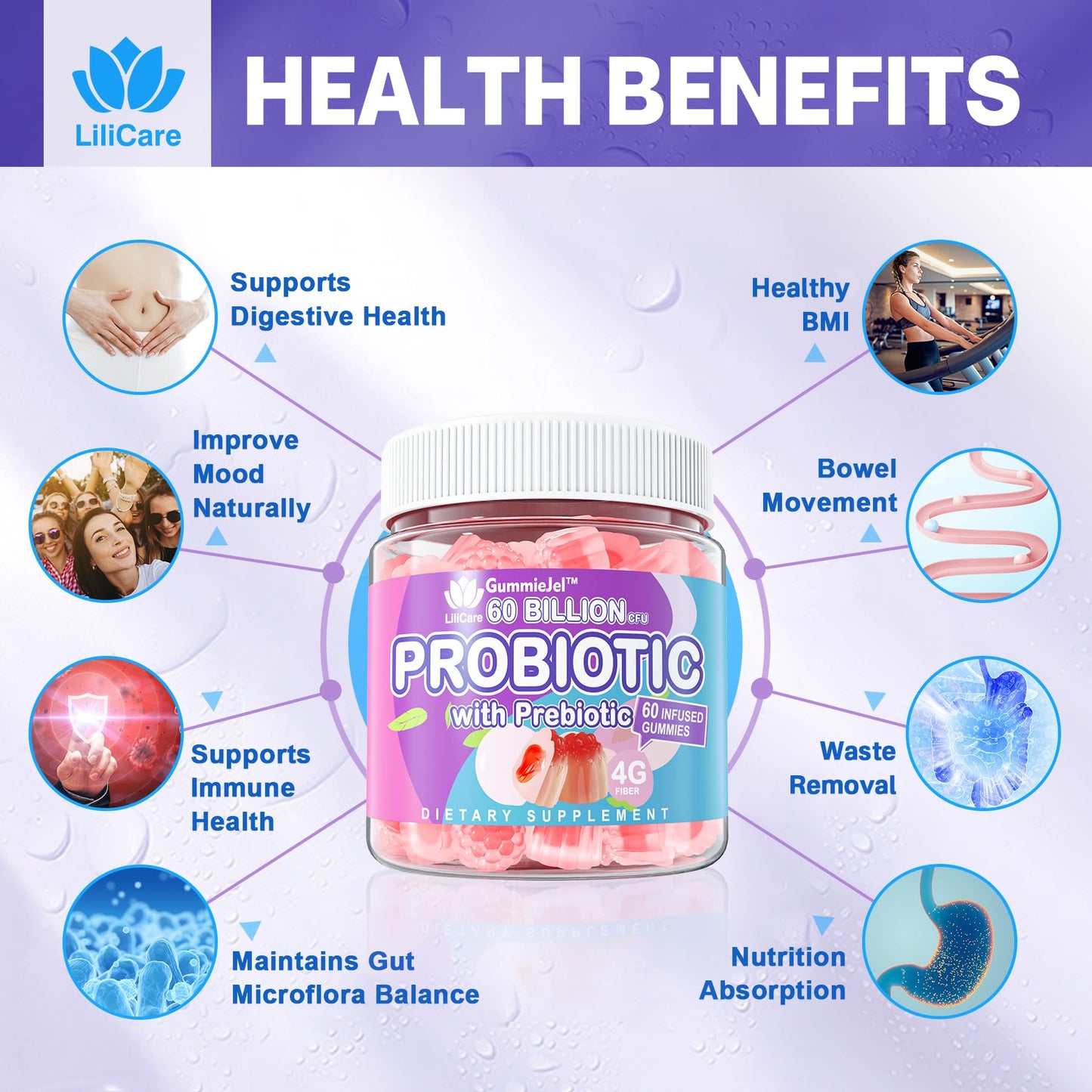 Probiotic Gummies 60 Billion CFU for Women Men & Kids, 11 Strains Probiotics + Organic Prebiotics Fiber for Immune, Digestive Health, Supports Constipation,