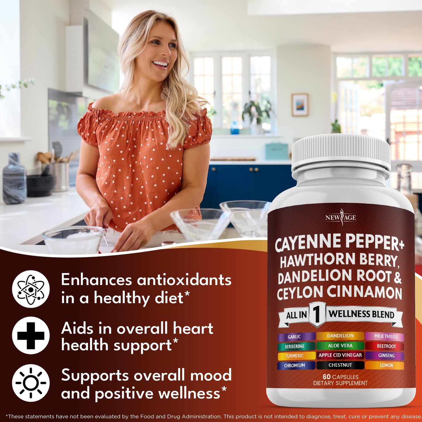 NEW AGE Cayenne Pepper Capsules Supplement with Hawthorn Berry, Dandelion Root, Ceylon Cinnamon, Garlic, Ginger, ACV, Milk Thistle, Beet Root, Aloe Vera - 120 Count NEW AGE buy supplements Au