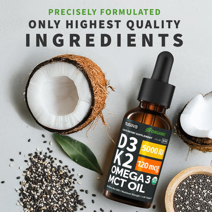 (2 Pack) Organic Vitamin D3 K2 Drops with MCT Oil Omega 3, 5000 IU — Liquid D3, No Fillers, Non-GMO, Immune Support (Unflavored, 2 Fl Oz) NUSAVA buy supplements Au