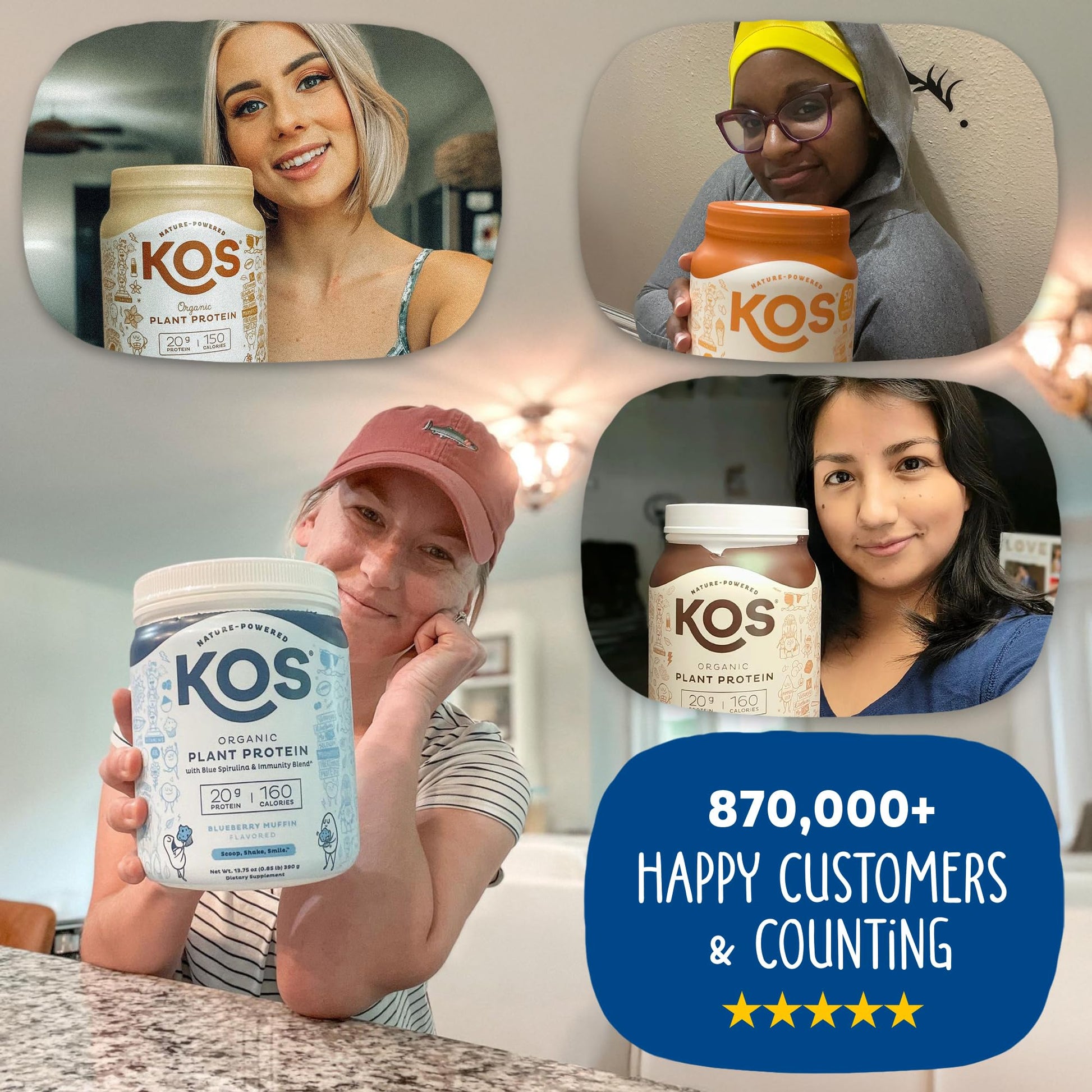 KOS Plant Based Protein Powder, Blueberry Muffin - Organic Pea Protein Superfood with Spirulina and Immune Support Blend. Soy, Gluten, Dairy Free - Vegan Meal Replacement for Women & Men - 15 Servings KOS buy supplements Au