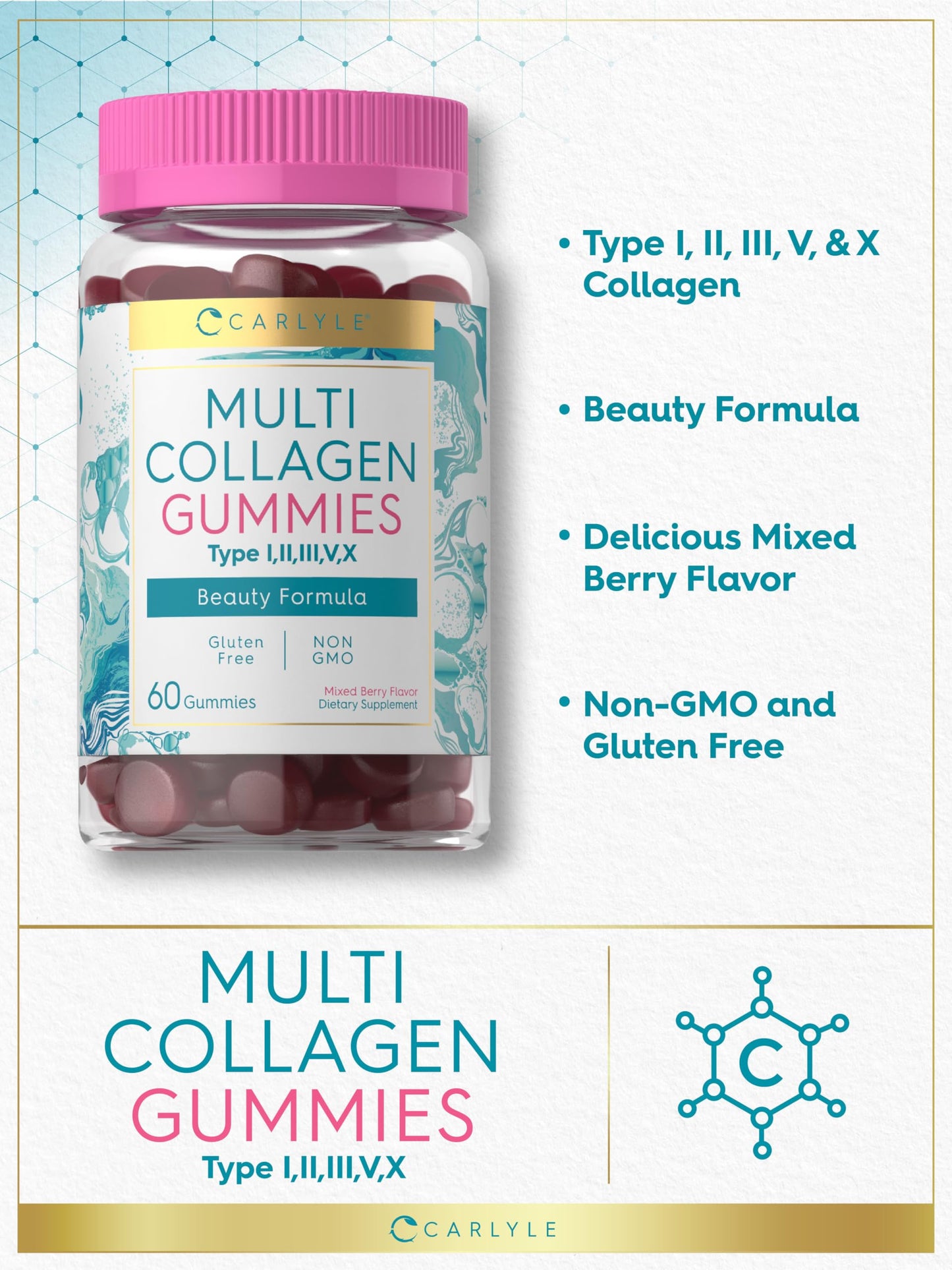 Carlyle Collagen Peptides Gummies | 60 Count | Multi Collagen Complex | Beauty Formula Supplement | Mixed Berry Flavor | Non-GMO, Gluten Free Carlyle buy supplements Au