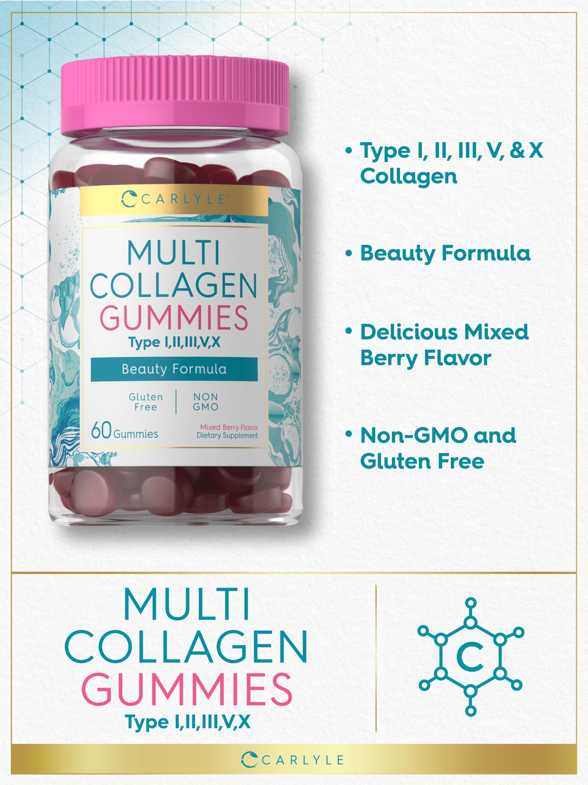 Carlyle Collagen Peptides Gummies | 60 Count | Multi Collagen Complex | Beauty Formula Supplement | Mixed Berry Flavor | Non-GMO, Gluten Free Carlyle buy supplements Au