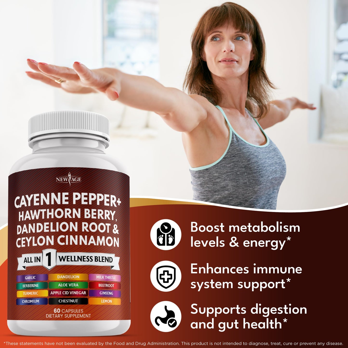 NEW AGE Cayenne Pepper Capsules Supplement with Hawthorn Berry, Dandelion Root, Ceylon Cinnamon, Garlic, Ginger, ACV, Milk Thistle, Beet Root, Aloe Vera - 120 Count NEW AGE buy supplements Au