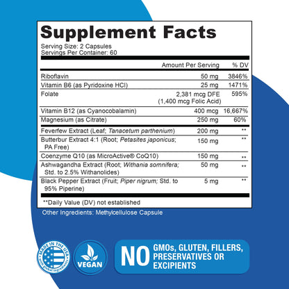Migratone Migraine Relief Nutritional Support Supplement - with Magnesium, Riboflavin Vitamin B2, B6 & B12, Microactive Coq10, Feverfew, PA-Free Butterbur, and Folate - Clinically Preferred Blend NaticuraBuy Supplements Australia