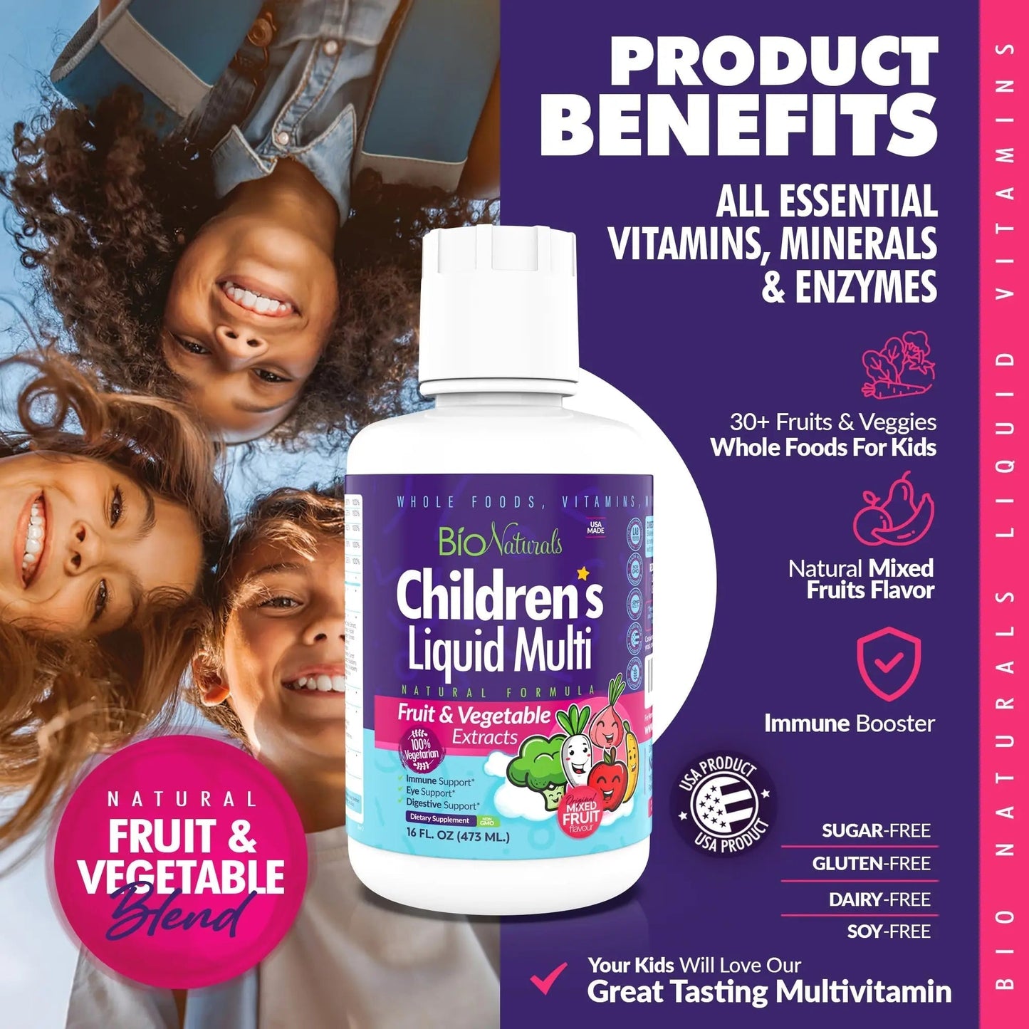 Bio Naturals Children's Liquid Multivitamin & Immune Booster - Natural Supplement for Kids & Toddlers with Vitamins A B C D3 E, Fiber Bio Naturals