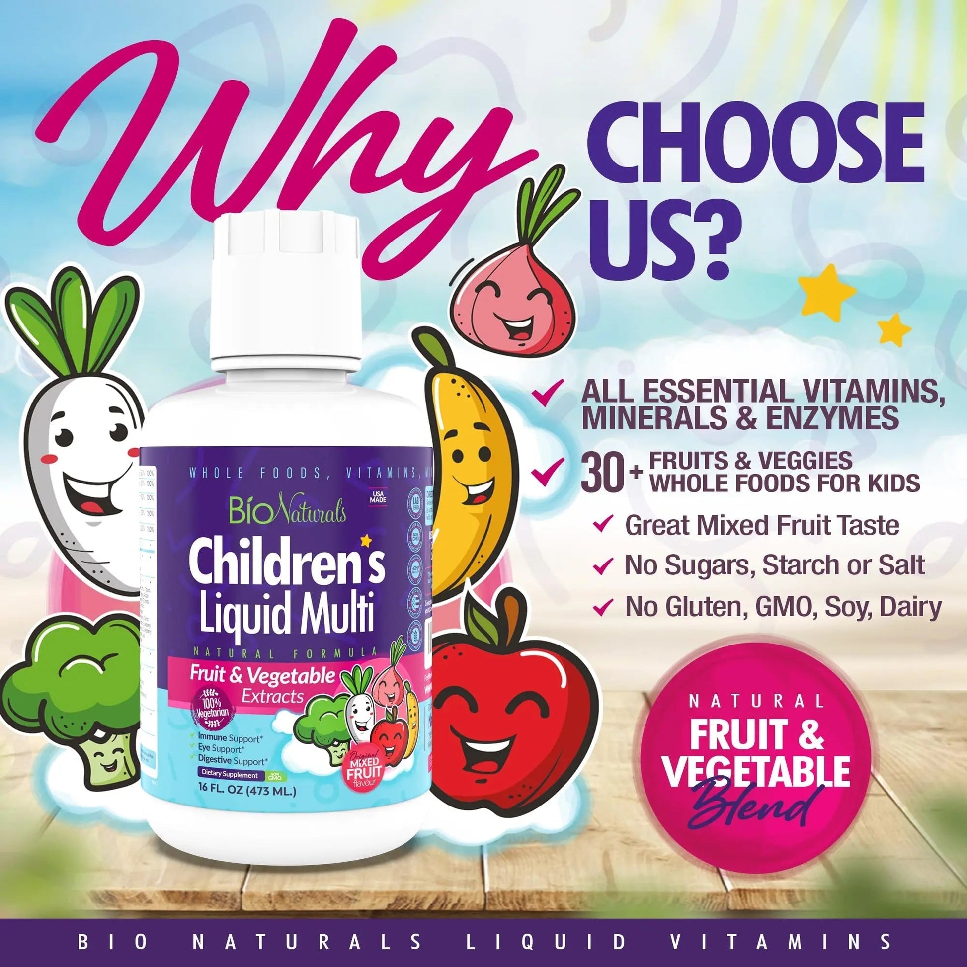 Bio Naturals Children's Liquid Multivitamin & Immune Booster - Natural Supplement for Kids & Toddlers with Vitamins A B C D3 E, Fiber Bio Naturals