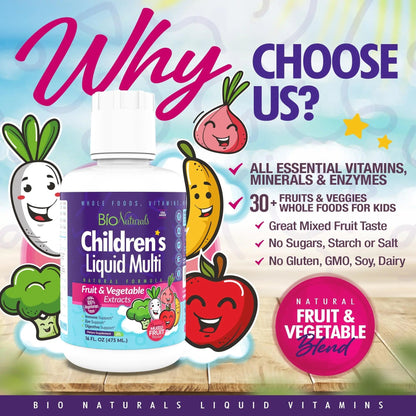 Bio Naturals Children's Liquid Multivitamin & Immune Booster - Natural Supplement for Kids & Toddlers with Vitamins A B C D3 E, Fiber Bio Naturals
