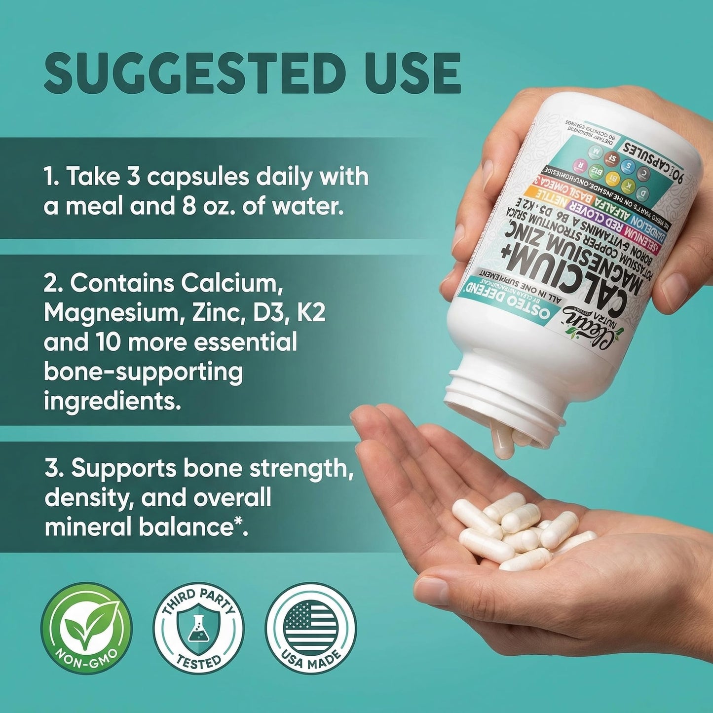 Allin1 Calcium Magnesium Zinc Supplement with Potassium, Copper, Strontium, Silica, Vitamin D3 K2, Boron, Vitamin B1 B12 Red Clover Herb Alfalfa Basil Pills for Men