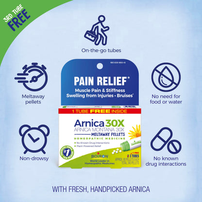 Boiron Arnica Montana 30X Homeopathic Medicine for Relief from Muscle Pain, Muscle Stiffness, Swelling from Injury, and Discoloration from Bruises - 3 Count (240 Pellets) BoironBuy Supplements Australia
