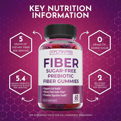 Atlantis Nutrition Sugar Free Fiber Gummies for Adults - 5G Fiber Supplement Formulated with 5.4G Prebiotic Digestive Blend/Serving - Supports Gut Health & Healthy Digestion