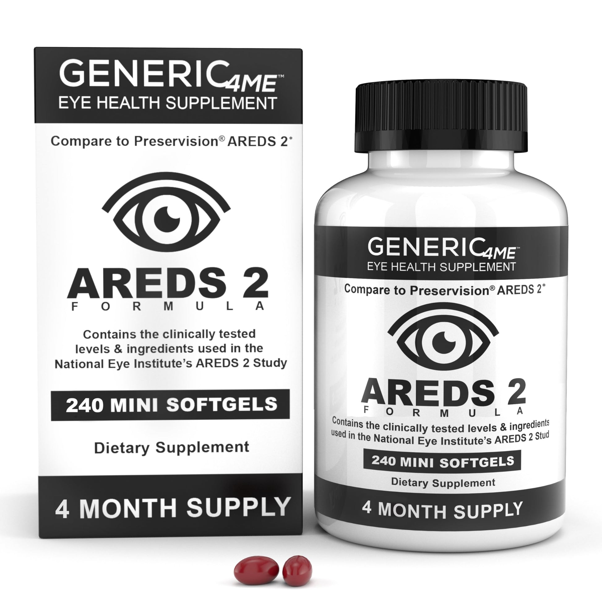 Generic4ME AREDS 2 SoftGels, 500 mg Vitamin C, 400 IU Vitamin E, 10 mg Lutein, 2 mg Zeaxanthin, 80 mg Zinc, 2 mg Copper - Supports Eye Health - 240 Mini SoftGels (Four Month Supply) Generic4MEBuy Supplements Australia