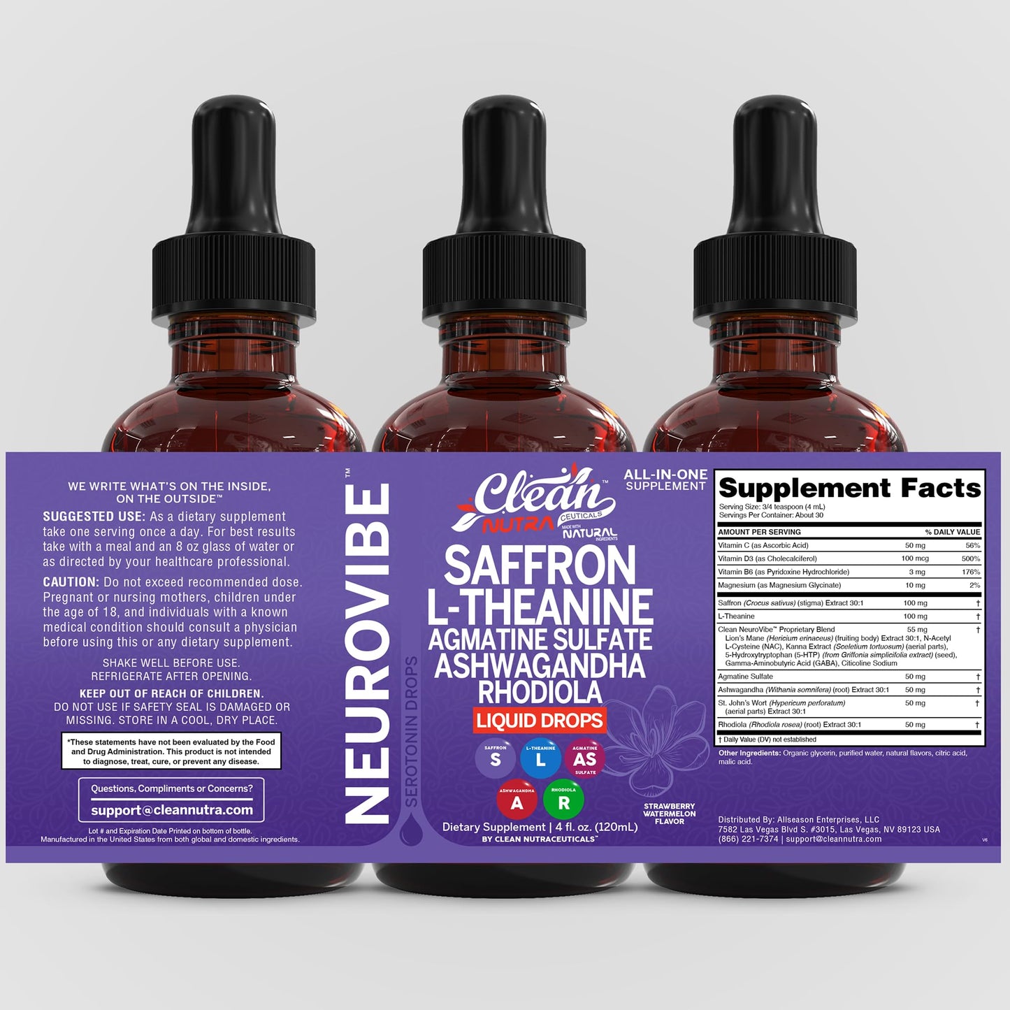Saffron Supplements Liquid Drops L-Theanine Agmatine Sulfate Ashwagandha Magnesium Glycinate B6 Magnesium Stress Relief Mood Support 5-HTP GABA Supplement Vitamin D 4oz by Clean Nutra