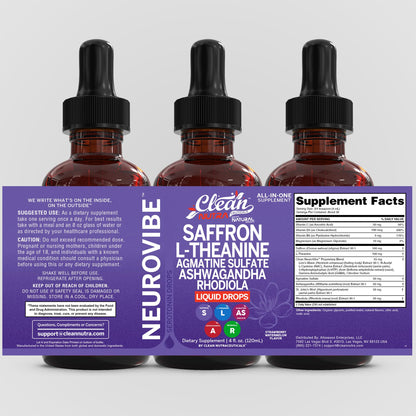 Saffron Supplements Liquid Drops L-Theanine Agmatine Sulfate Ashwagandha Magnesium Glycinate B6 Magnesium Stress Relief Mood Support 5-HTP GABA Supplement Vitamin D 4oz by Clean Nutra