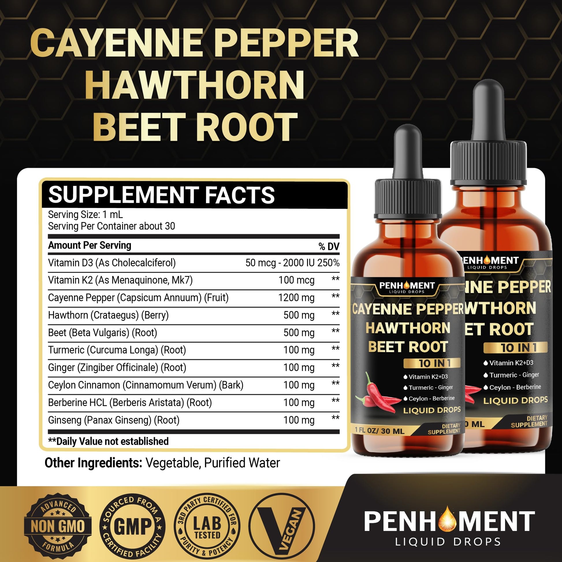 Penhoment 2 Packs - 2700 mg 10in1 Cayenne Pepper Liquid Drops with Hawthorn Berry, Vitamin D3 K2, Beet Root, Ginger Turmeric, Ginger, Ceylon Cinnamon, Berberine, and Ginseng - 2 Months Penhoment buy supplements Au
