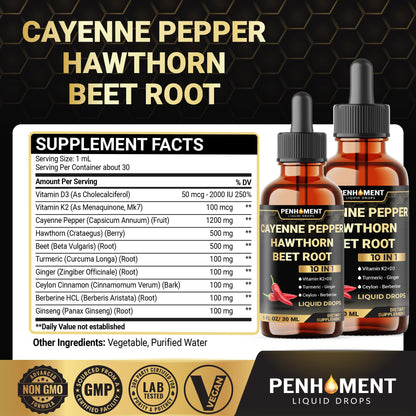 Penhoment 2 Packs - 2700 mg 10in1 Cayenne Pepper Liquid Drops with Hawthorn Berry, Vitamin D3 K2, Beet Root, Ginger Turmeric, Ginger, Ceylon Cinnamon, Berberine, and Ginseng - 2 Months Penhoment buy supplements Au