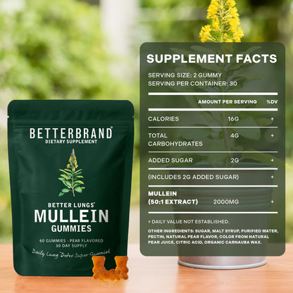 Betterbrand Mullein Chewable Gummies for Lung Cleanse and Detox, Respiratory Health Supplement, 1000mg Mullein Extract per Serving, 60 Gummies