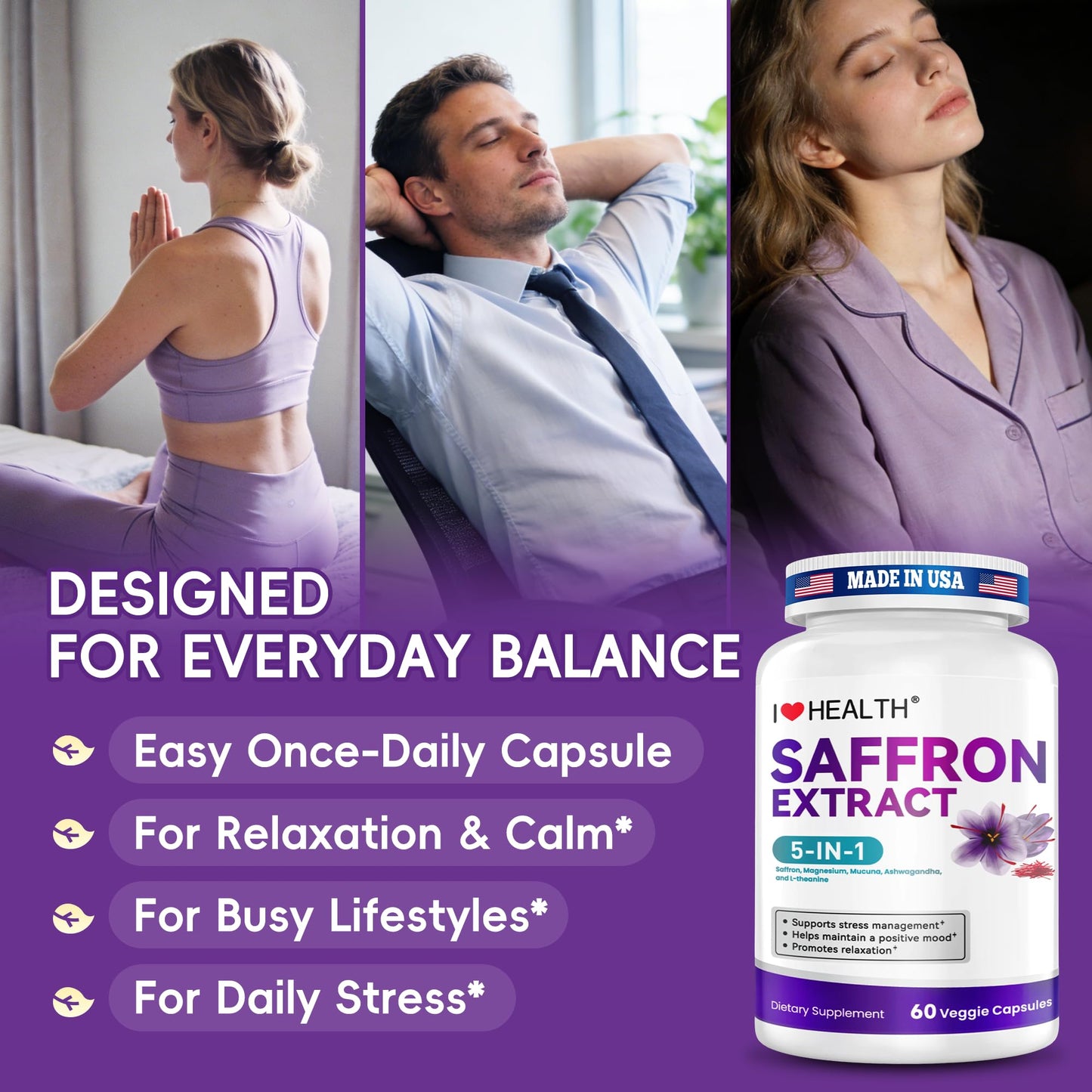 I LOVE HEALTH Saffron Supplement – 88.5mg with Magnesium Glycinate, Ashwagandha & L-Theanine for Stress Relief, Calm Mood & Emotional Balance – Made in USA – 60 Capsules