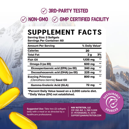 Fish Oil Omega 3 Supplements for Women | DHA + EPA | Heart Health, Hormone Balance, Skin & Wellness Support | 600MG Omega3 + 800MG Evening Primrose Oil
