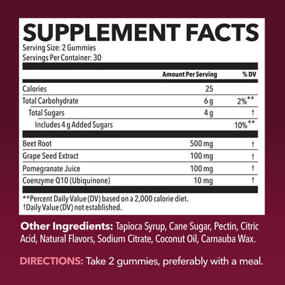 Beet Root Gummies with COQ10 & Pomegranate - Nitric Oxide Supplement for Men and Women - Beetroot for Endurance, Performance, Recovery - Vegan, Non-GMO, Gluten Free