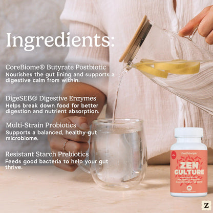 Zen Principle Zenculture™ – 4-in-1 Synbiotic Supplement (Probiotic + Prebiotic + Postbiotic + Digestive Enzymes) with CoreBiome®. Anti Bloating