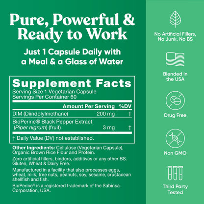 DIM Supplement Pure 200 Mg for Women or Men - Estrogen Hormone Balance Supplement for Energy, Fatigue, Stress, Menopause, Hot Flashes - Enhanced Bioavailability BioPerine - 60 Vegan Soft Capsules Eu Natural buy supplements Au