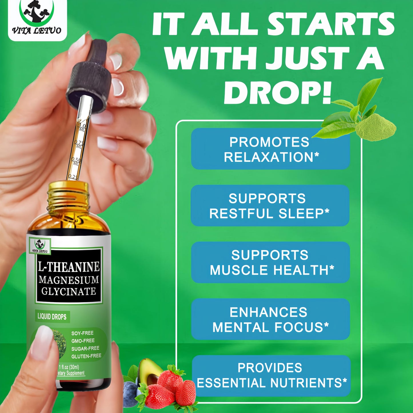 L Theanine Drops, Liquid L-Theanine Supplement 200mg w/Magnesium Glycinate,Vitamins,Fiber for Relaxation,Sleep,Digestion, Calm,High Absorption Mood Support for Adults & Kids,Plant Based,Non-GMO Vita letuoBuy Supplements Australia