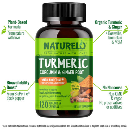 NATURELO Turmeric Curcumin - BioPerine for Better Absorption - Black Pepper, Ginger Root, Curcuminoids - Plant-Based Joint Discomfort Support
