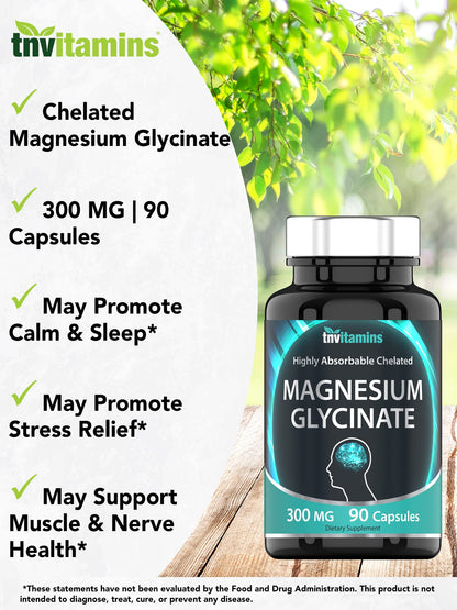tnvitamins Magnesium Glycinate 300mg, 90 Capsules | High Absorption Chelated Magnesium for Sleep, Calm & Muscle Support* | Non-GMO, Gentle, Non-Laxative | TNVitamins tnvitaminsBuy Supplements Australia