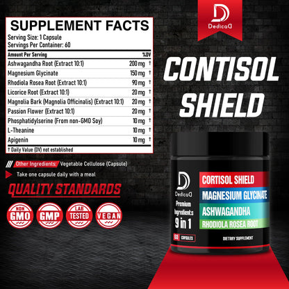 DEDICAD 9in1 Cortisol Shield - Magnesium Glycinate & Ashwagandha with Rhodiola, Phosphatidylserine, Passion Flower, L-Theanine, Apigenin, Licorice, Magnolia - Rest Well & Mood Balance - 60 Count DEDICAD buy supplements Au