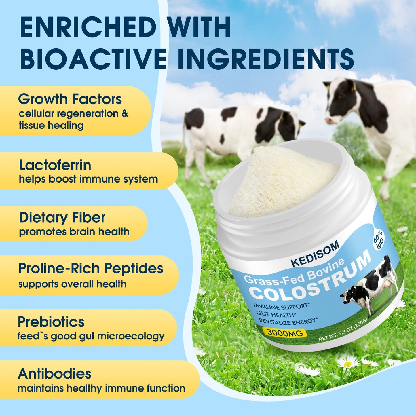 KEDISOM Grass-Fed Bovine Colostrum Supplement Powder - 60% High IgG 3000 mg for Gut Health, Immune Support - Easy to Mix Natural Liposomal Colostrum Superfood, Unflavored, 50 Servings KEDISOMBuy Supplements Australia