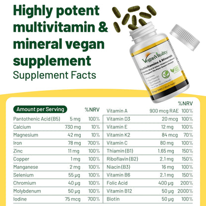 Vegan Vitality Multivitamins & Minerals for Women and Men with High Strength Vitamin B12, D3 & K2. 180 Vegan Multivitamin Tablets - 6 Months Supply