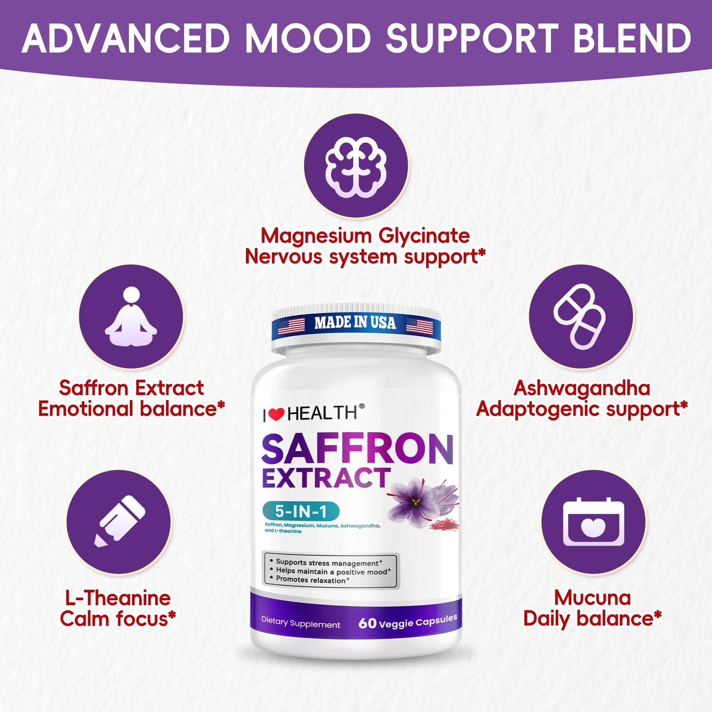 I LOVE HEALTH Saffron Supplement – 88.5mg with Magnesium Glycinate, Ashwagandha & L-Theanine for Stress Relief, Calm Mood & Emotional Balance – Made in USA – 60 Capsules