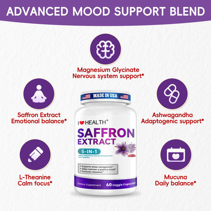 I LOVE HEALTH Saffron Supplement – 88.5mg with Magnesium Glycinate, Ashwagandha & L-Theanine for Stress Relief, Calm Mood & Emotional Balance – Made in USA – 60 Capsules