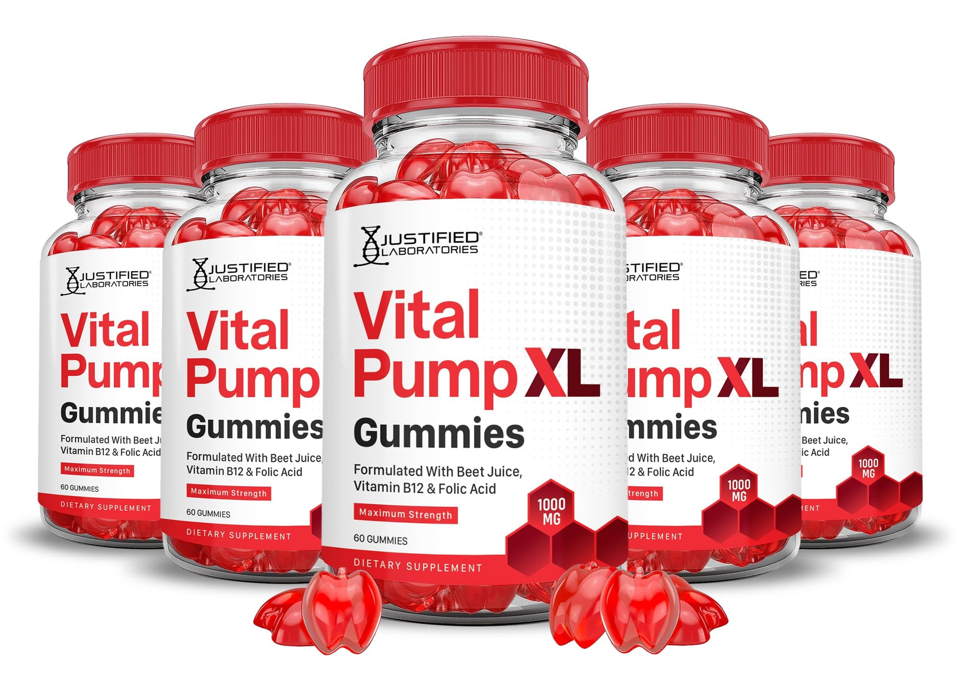 Bottles of Vital Pump XL Gummies with red and white labels on a white background