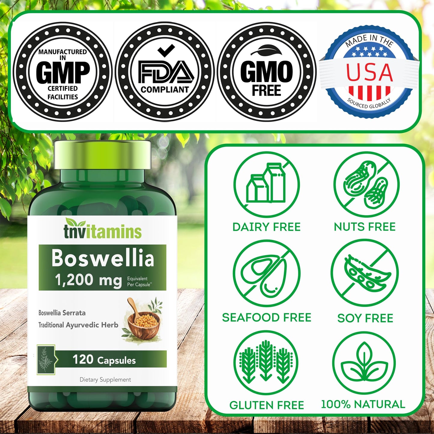 tnvitamins Boswellia Extract Capsules, 120 Count | 1,200 mg Per Capsule | 65% Boswellic Acids + 10:1 Concentrated Extract | Boswellia Serrata