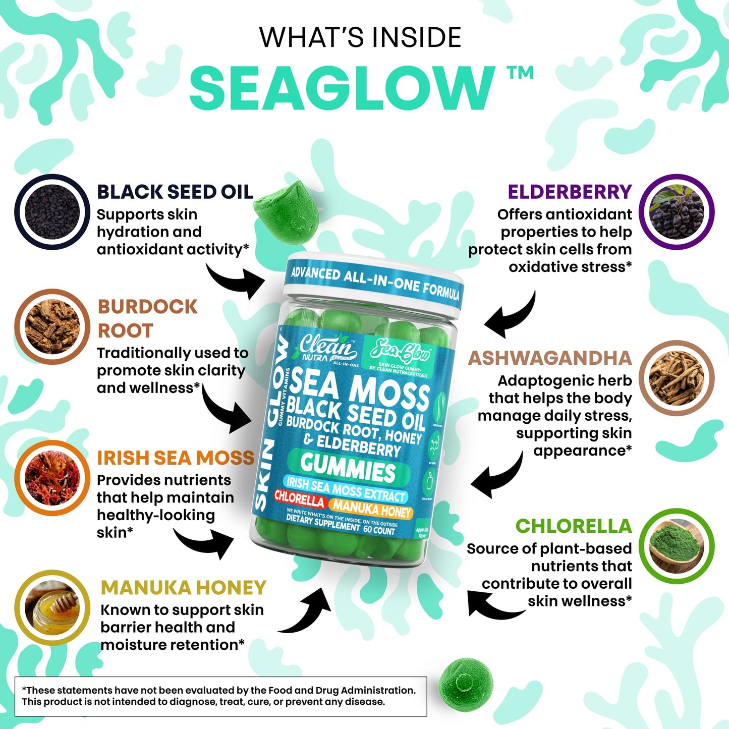 Clean Nutra Sea Moss Gummies Black Seed Oil Chlorella Ashwagandha Root Hair Growth Skin Glow Irish Sea Moss Elderberry Burdock Manuka Honey Trace Minerals Detox 60 Gummy Vitamins Sea Glow Supplement Clean NutraceuticalsBuy Supplements Australia