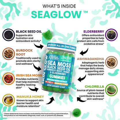 Clean Nutra Sea Moss Gummies Black Seed Oil Chlorella Ashwagandha Root Hair Growth Skin Glow Irish Sea Moss Elderberry Burdock Manuka Honey Trace Minerals Detox 60 Gummy Vitamins Sea Glow Supplement Clean NutraceuticalsBuy Supplements Australia