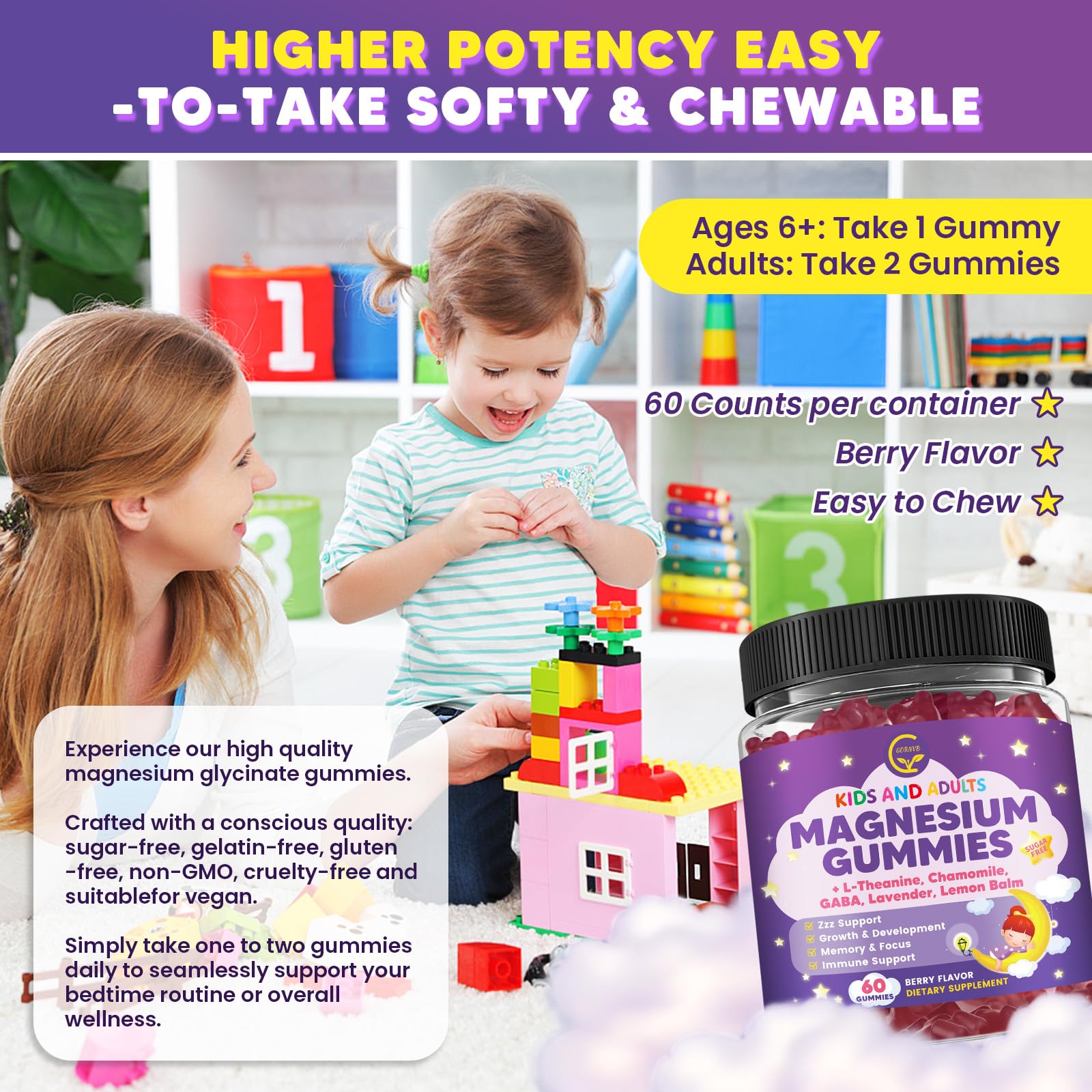 Magnesium Glycinate Gummies 400/200mg for Kids & Adults, NO Melatonin Sleep Aid Magnesium Supplement Gummies with Chamomile, Lavender, L-Theanine & GABA, B6, D3 & K2 for Bone, Relax, Immune Support GORNVBBuy Supplements Australia