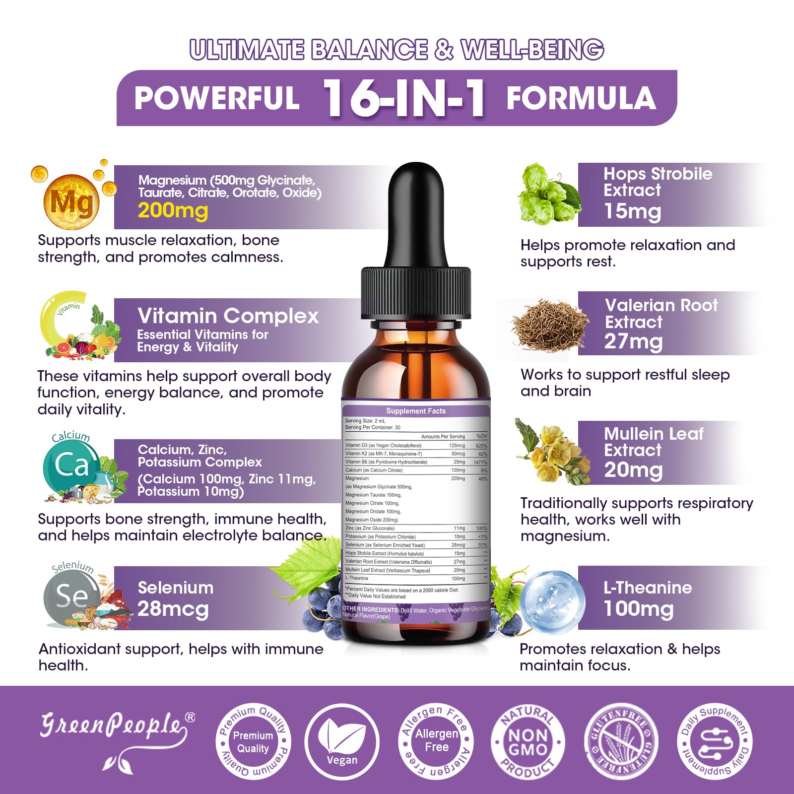 GREENPEOPLE Magnesium Glycinate Liquid Drops - 1000mg 5-in-1 High Absorption Liquid Magnesium for Sleep with D3/K2/B6 | Fast-Acting, Bone, Muscle & Sleep | Sugar-Free Grape Flavor, 2fl Oz GREENPEOPLEBuy Supplements Australia