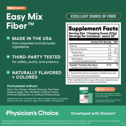 Physician's CHOICE Easy Mix Fiber for Digestive Health & Regularity - No Grit - Daily Prebiotic Soluble Fiber Powder Supplement