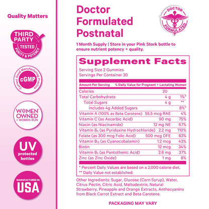 Pink Stork Total Postnatal Vitamin Gummies - Multivitamin for Postpartum Recovery and Lactation Support - Folic Acid, B6, and Vitamin C