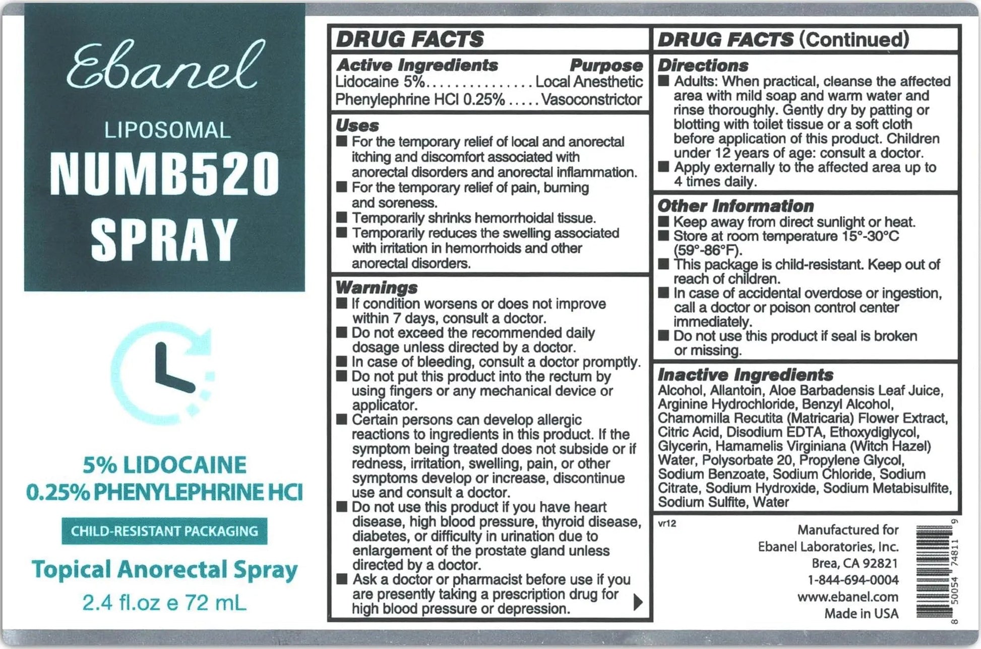 Ebanel 5% Lidocaine Spray Pain Relief Numb520 Burn Itch Relief Numbing Spray for Skin, Topical Anesthetic Postpartum Hemorrhoid Treatment with Phenylephrine for Local and Anorectal Uses EBANEL LABORATORIESBuy Supplements Australia