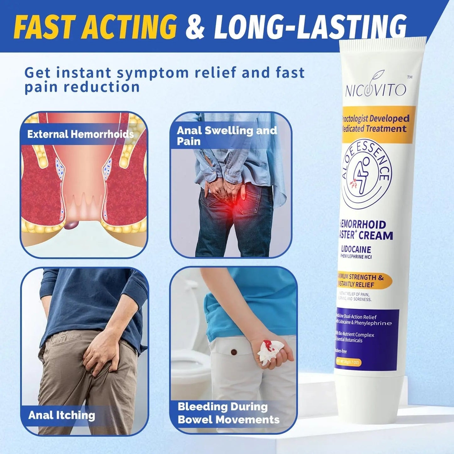NICOVITO Hemorrhoid & Fissure Treatment Cream, 4% Lidocaine & Phenylephrine HCl Ointment, Maximum Strength Fast Relief for Pain, Itching & Swelling, External Use (0.7 oz) NICOVITOBuy Supplements Australia