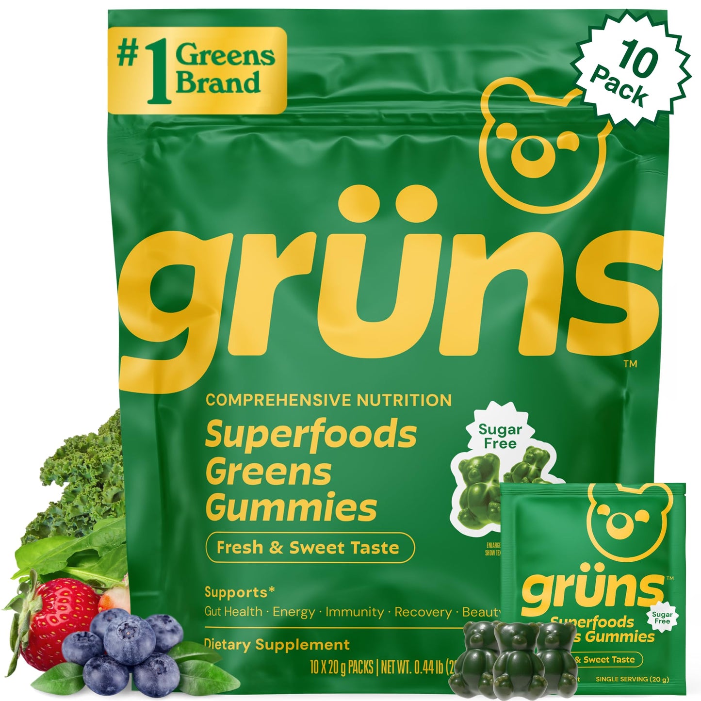 Package of gröns Superfoods Greens Gummies with green and yellow design.