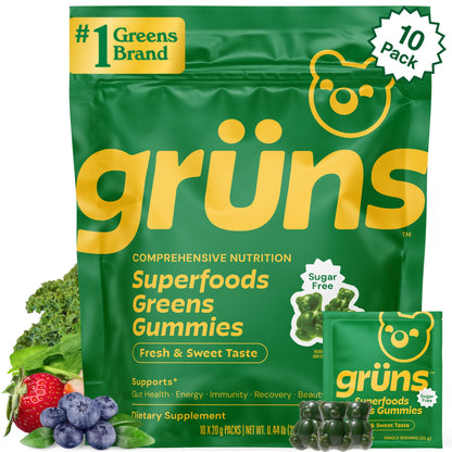 Package of gröns Superfoods Greens Gummies with green and yellow design.